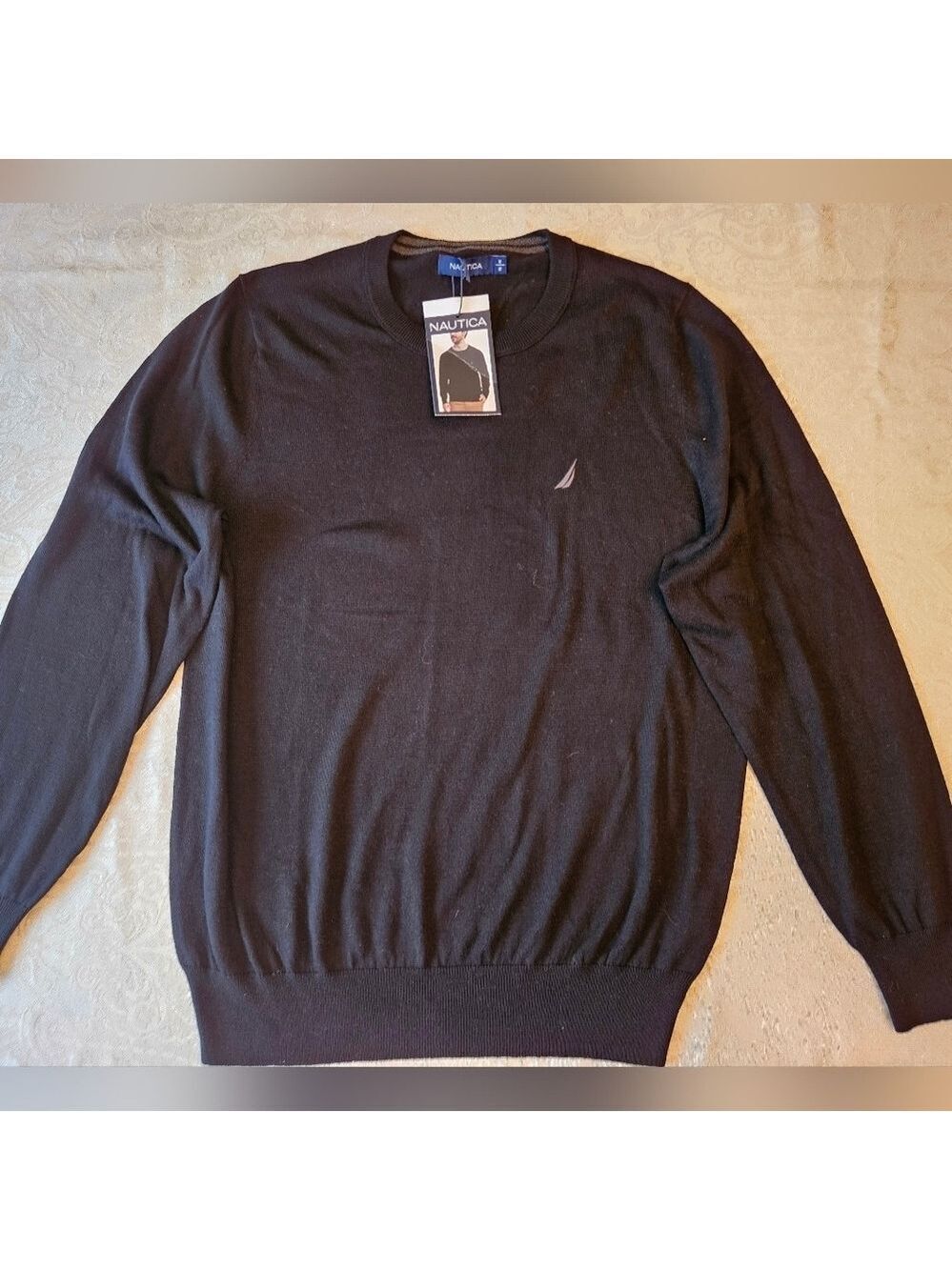 Size Medium Nautica Men's Solid Black Cotton Blend Crewneck Sweater, NWT